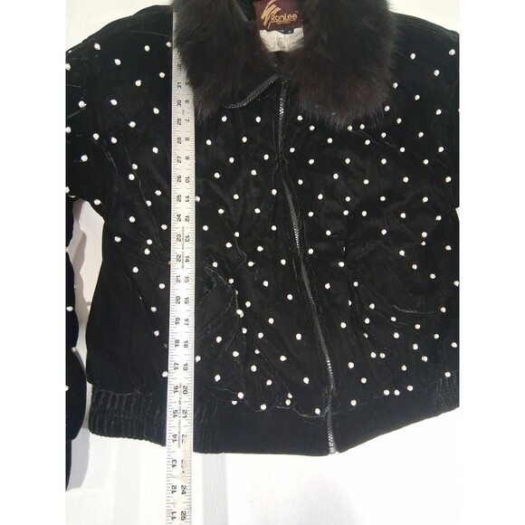 Vtg 80s 90s Black Velvet Embellished Women's Coat Fur Lined Pearls Small RonLee - Picture 5 of 7